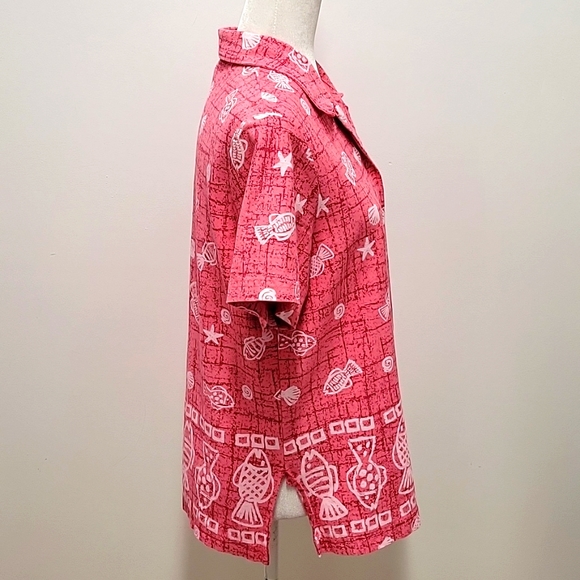 Dee California Blouse/Top Fish Seashells Starfish Button Front Collar Women's L - Picture 8 of 11